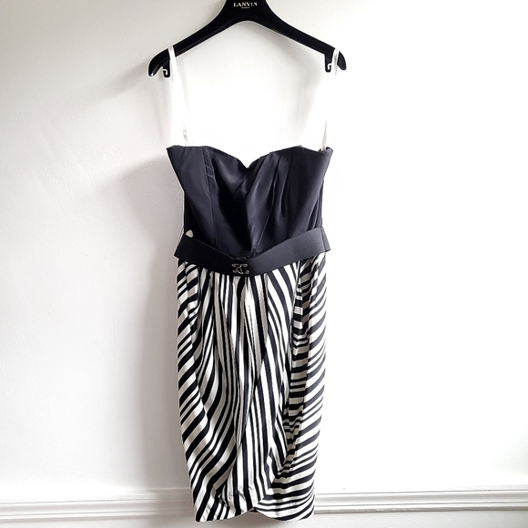 Shoshanna Strapless Draped Tulip Striped Black/White Mini Cocktail Dress Size 6 - Picture 5 of 12